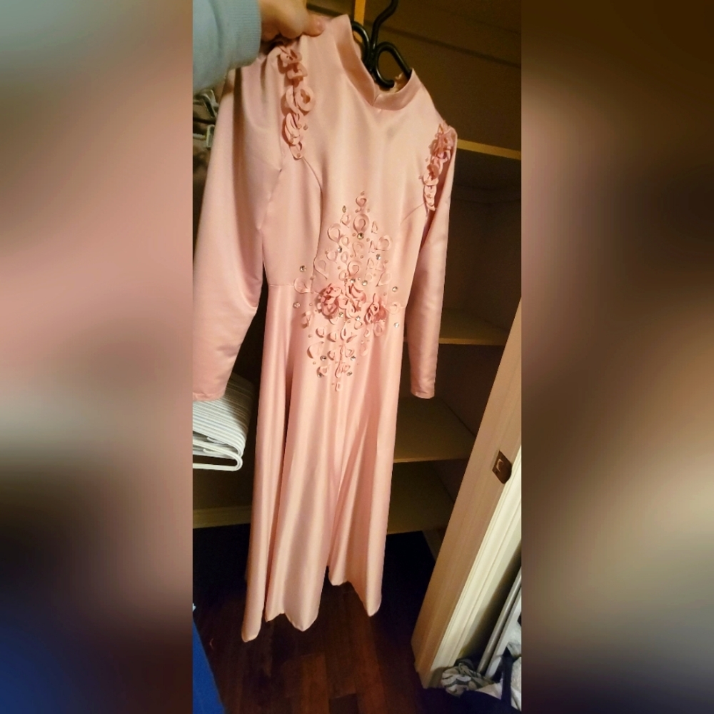 Pink Formal Full Length Long Sleeve Prom Dress - Size EU 38 / US 8